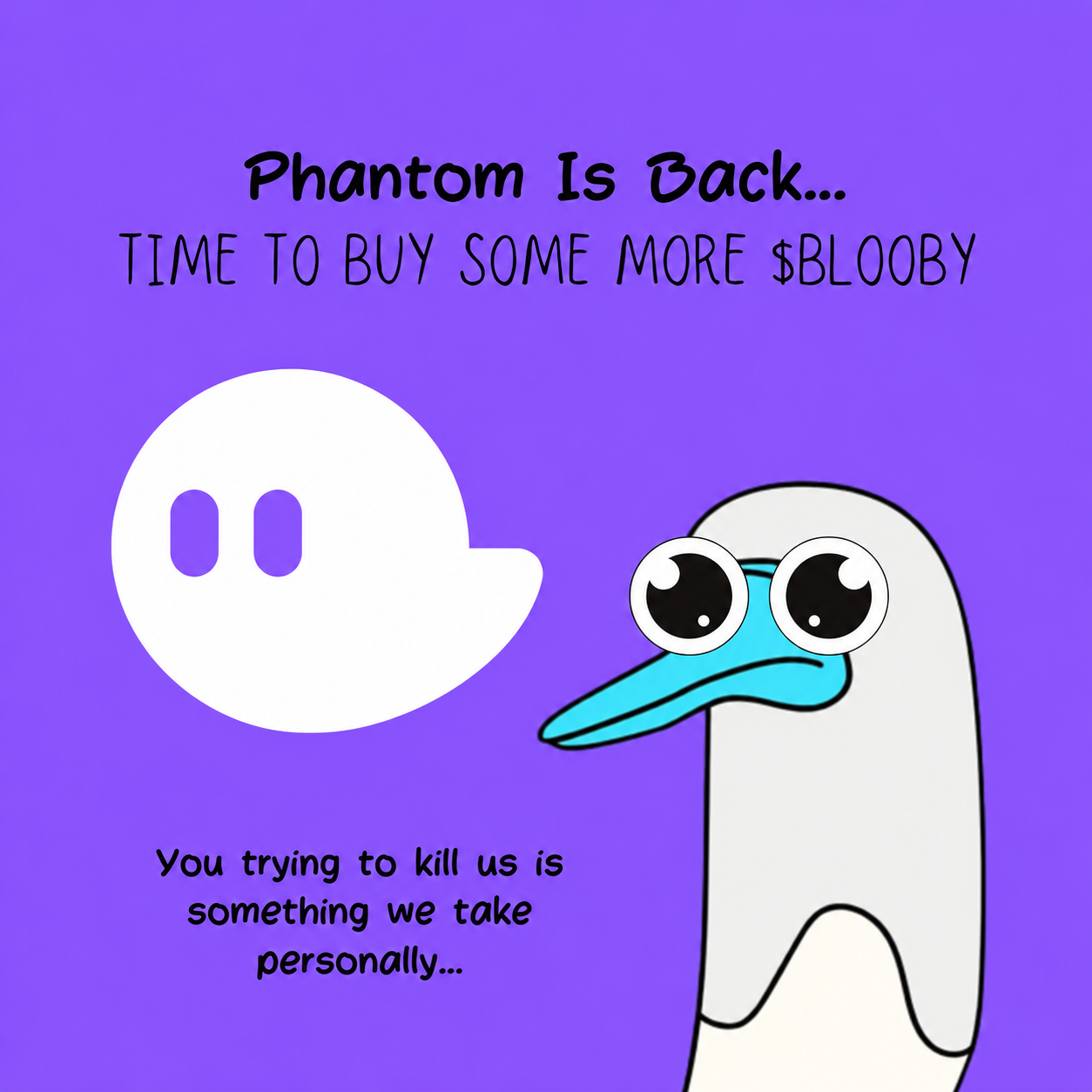 Wide-eyed Blooby beside the Phantom ghost on a purple background